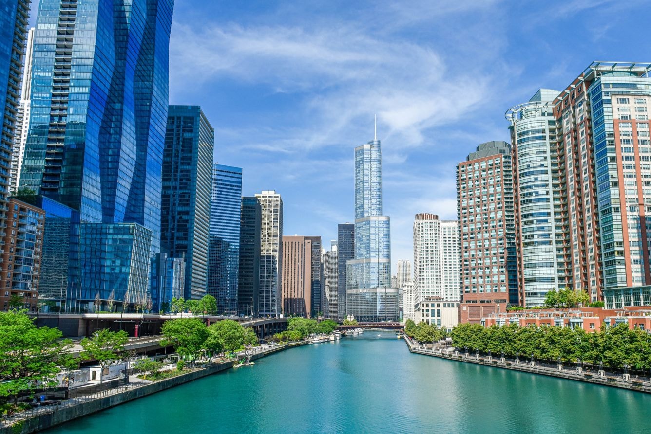 Chicago Riverwalk skyline view near the Sheraton Grand